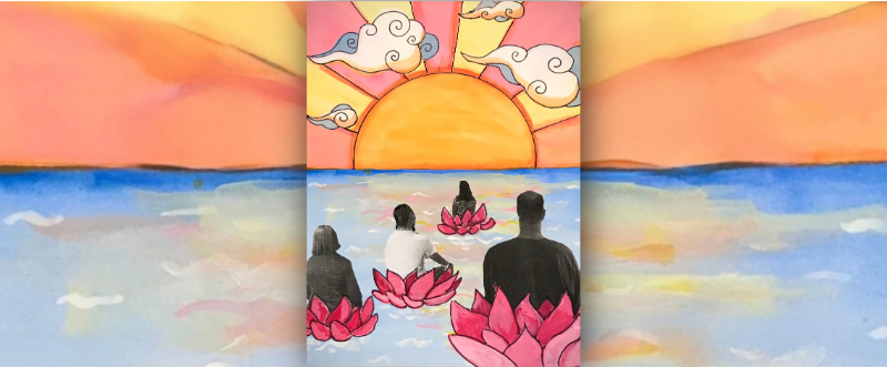 Mixed media gouache, decoupage and marker art depicting people floating on a blue open body of water on pink lotus flowers into a pink, yellow and gold sunset