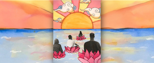Mixed media gouache, decoupage and marker art depicting people floating on a blue open body of water on pink lotus flowers into a pink, yellow and gold sunset